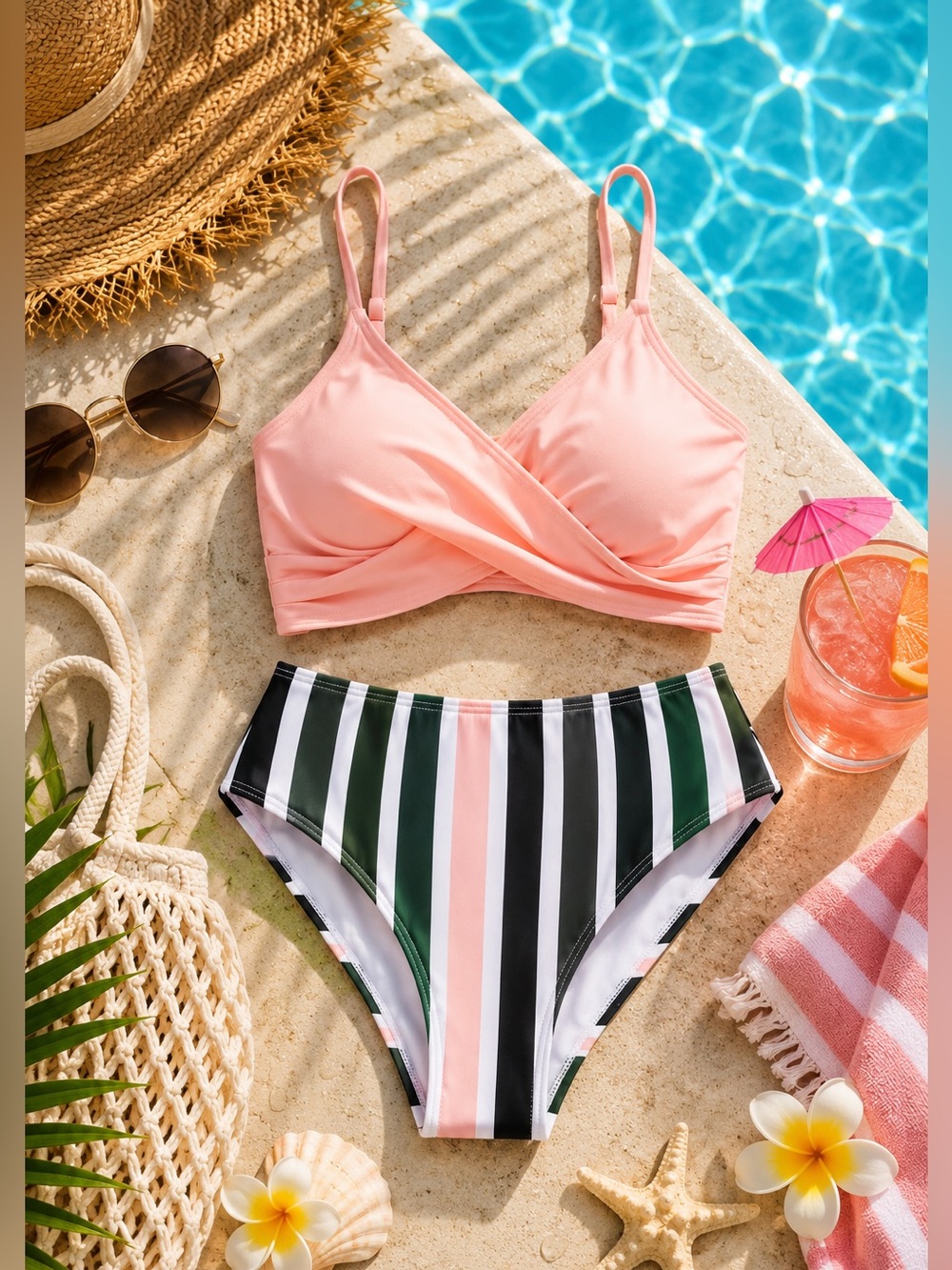 Brand New Popvil Blush Pink & Striped High-Waisted Bikini Set L Swimwear NWT